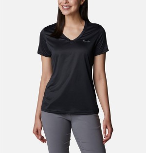 Black Women's Columbia Hike Short Sleeve V-Neck T-Shirt | 1570-SPZYU