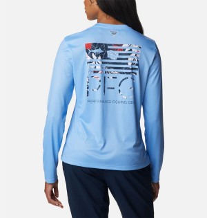 Blue Women's Columbia PFG Tidal Fish Star Long Sleeve T-Shirt | 5713-VPJYX