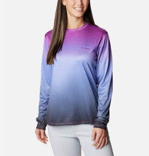 Blue Women's Columbia PFG Tidal Isle Rise Fade Long Sleeve T-Shirt | 7028-POVIN