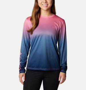 Blue Women's Columbia PFG Tidal Isle Rise Fade Long Sleeve T-Shirt | 3052-ARJXT