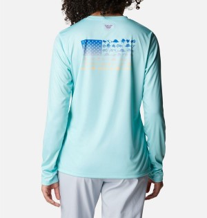 Blue Women's Columbia Tidal PFG Fish Flag Long Sleeve T-Shirt | 9623-WOLXT