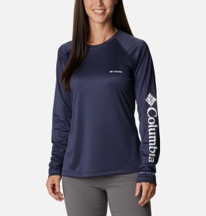 Navy Women's Columbia Fork Stream Long Sleeve T-Shirt | 1047-MEQGF