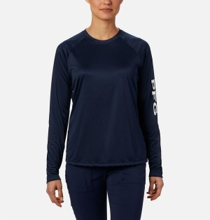 Navy Women's Columbia PFG Tidal II Long Sleeve T-Shirt | 0473-KEFBG