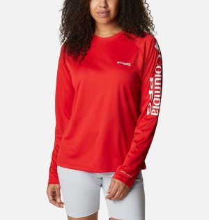 Red Women's Columbia PFG Tidal II Long Sleeve T-Shirt | 9052-UKZJE