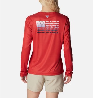 Red Women's Columbia Tidal PFG Fish Flag Long Sleeve T-Shirt | 4260-DJWUO