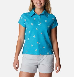 Turquoise Women's Columbia PFG Super Sun Drifter Short Sleeve Polo T-Shirt | 4869-TDNYJ