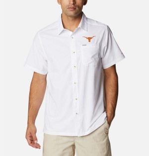 White Men's Columbia Collegiate PFG Slack Tide Camp - Texas Shirt | 7586-WECTX