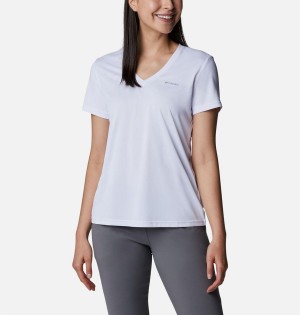 White Women's Columbia Hike Short Sleeve V-Neck T-Shirt | 8349-EXQHY