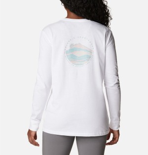 White Women's Columbia North Cascades Back Graphic Long Sleeve T-Shirt | 2567-PSTEI