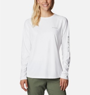 White Women's Columbia PFG Tidal Deflector Long Sleeve T-Shirt | 4705-RFULI