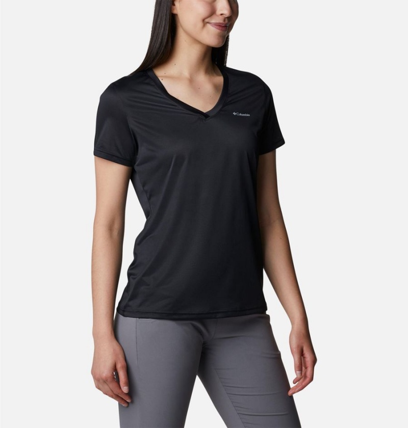 Black Women's Columbia Hike Short Sleeve V-Neck T-Shirt | 1570-SPZYU