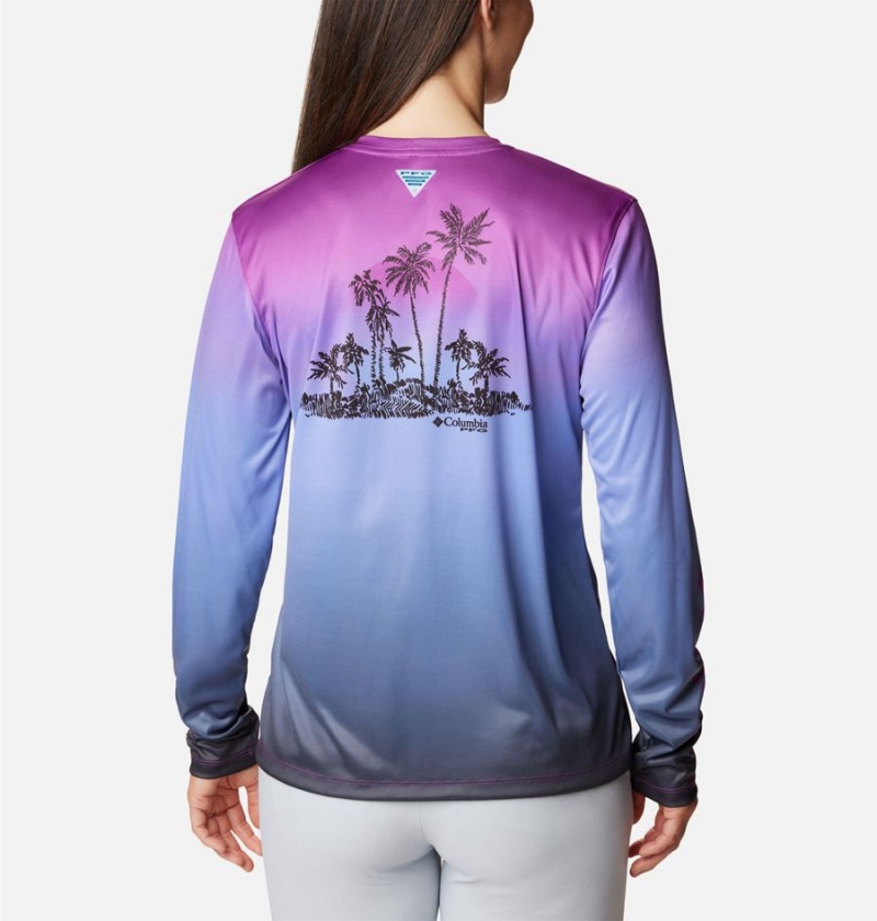 Blue Women's Columbia PFG Tidal Isle Rise Fade Long Sleeve T-Shirt | 7028-POVIN