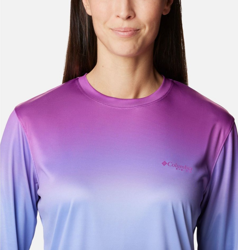 Blue Women's Columbia PFG Tidal Isle Rise Fade Long Sleeve T-Shirt | 7028-POVIN