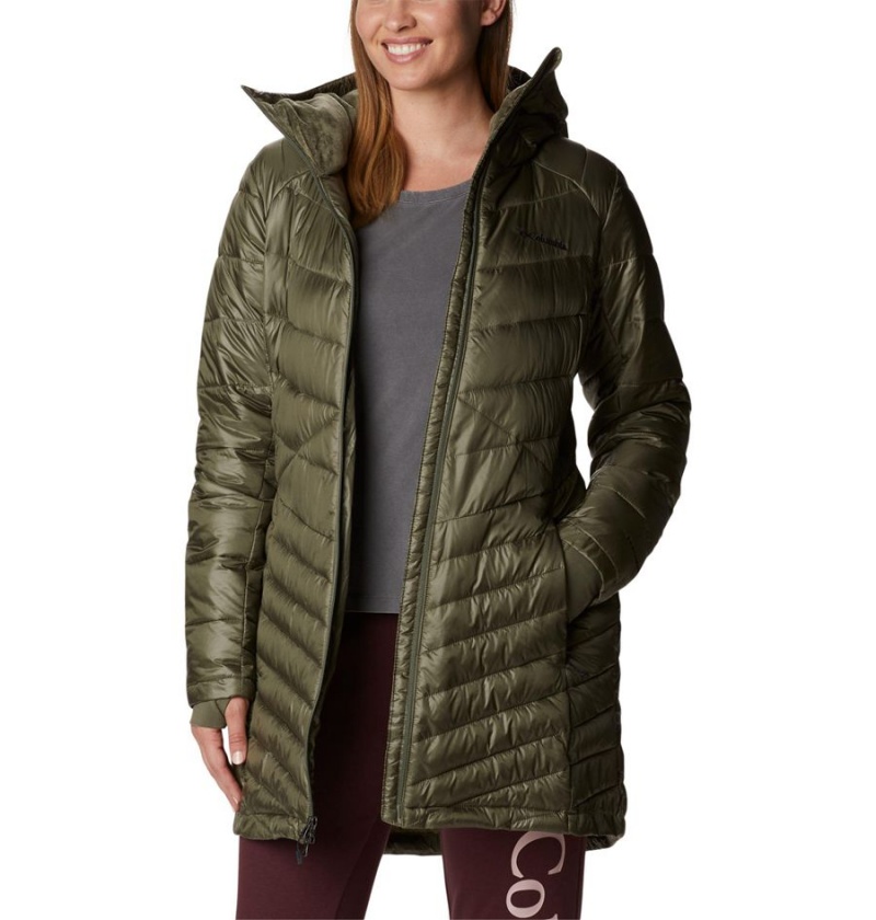 Green Women's Columbia Joy Peak Mid Insulated Hooded Puffer Jacket | 1604-XLFPI