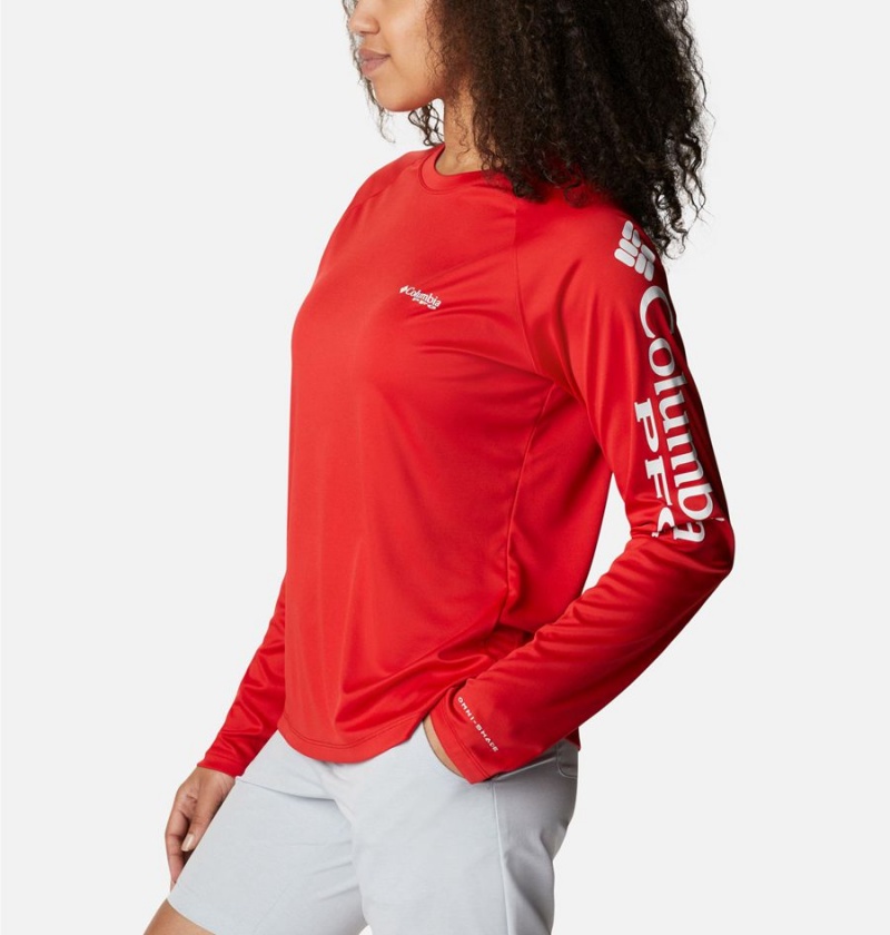 Red Women's Columbia PFG Tidal II Long Sleeve T-Shirt | 9052-UKZJE