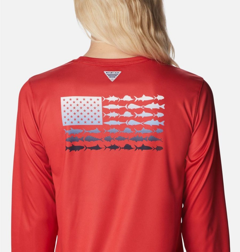 Red Women's Columbia Tidal PFG Fish Flag Long Sleeve T-Shirt | 4260-DJWUO