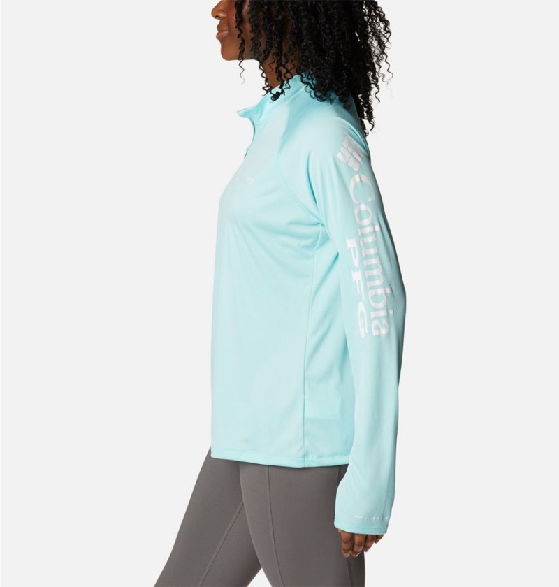 Turquoise Women's Columbia PFG Tidal Quarter Zip Long Sleeve T-Shirt | 5102-UVFWO