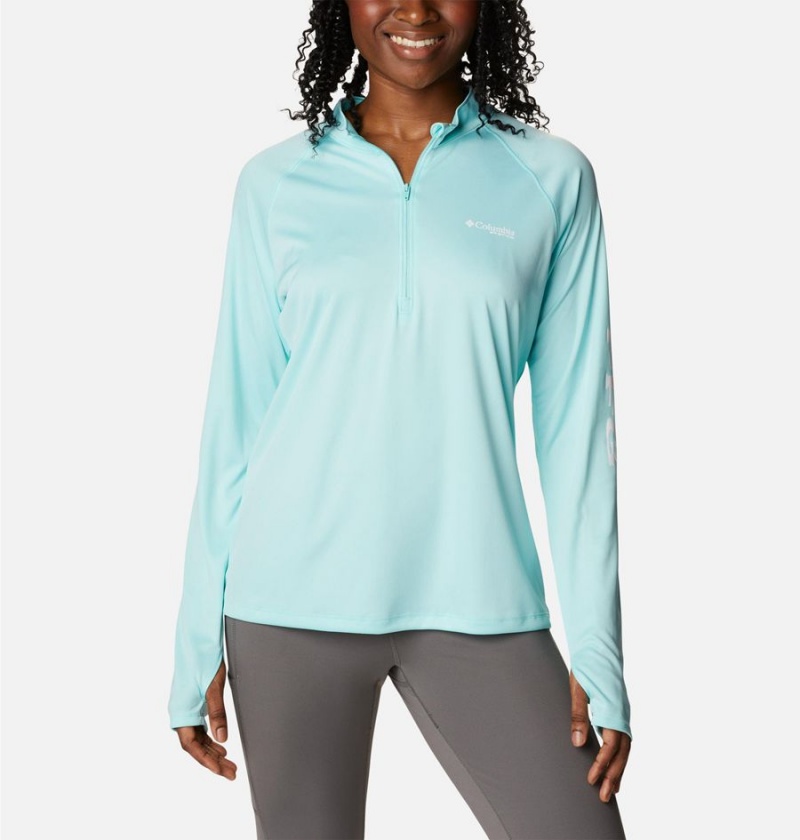 Turquoise Women\'s Columbia PFG Tidal Quarter Zip Long Sleeve T-Shirt | 5102-UVFWO