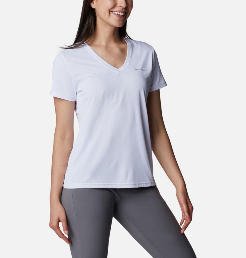 White Women's Columbia Hike Short Sleeve V-Neck T-Shirt | 8349-EXQHY