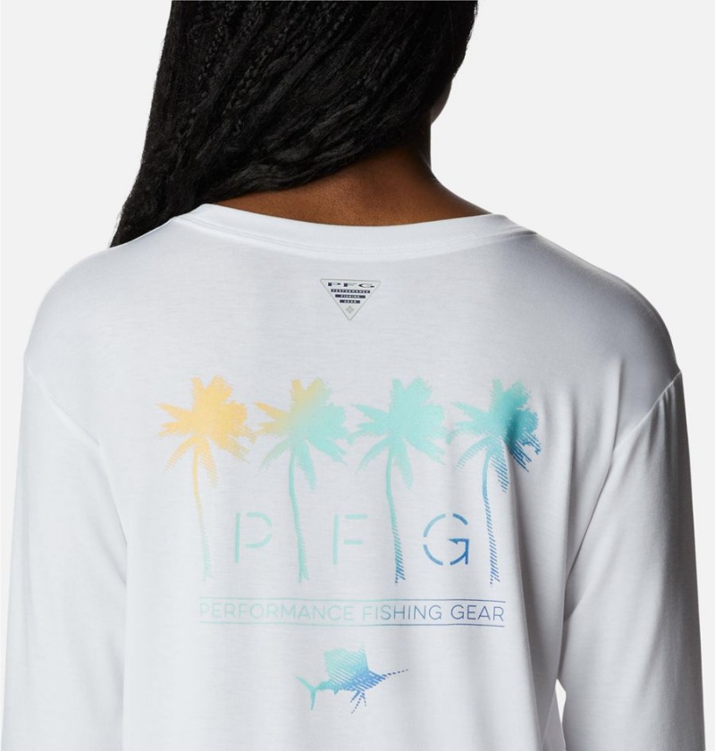 White Women's Columbia PFG Slack Water Graphic Long Sleeve T-Shirt | 4201-QMAEK