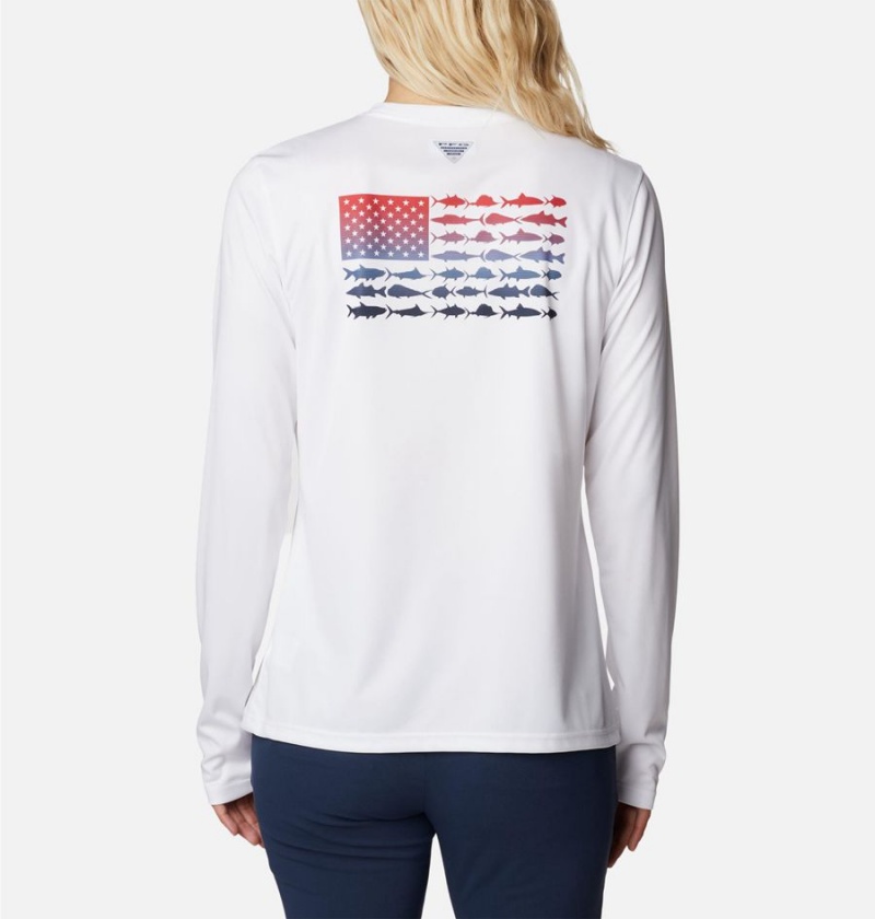 White Women\'s Columbia Tidal PFG Fish Flag Long Sleeve T-Shirt | 5289-LOJKE